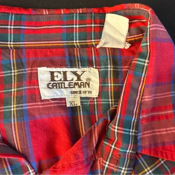 Ely Cattleman Western Red Plaid Shirt Mens XL Pearl Snap Vintage - Picture 11 of 11